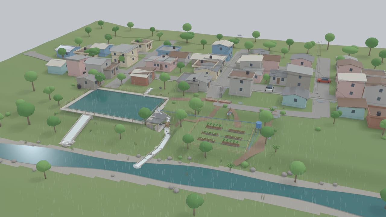 Render 3D del proyecto RIVA: un reservorio con vertedero junto a un cauce, un huerto comunitario con torre de agua y las casas del barrio